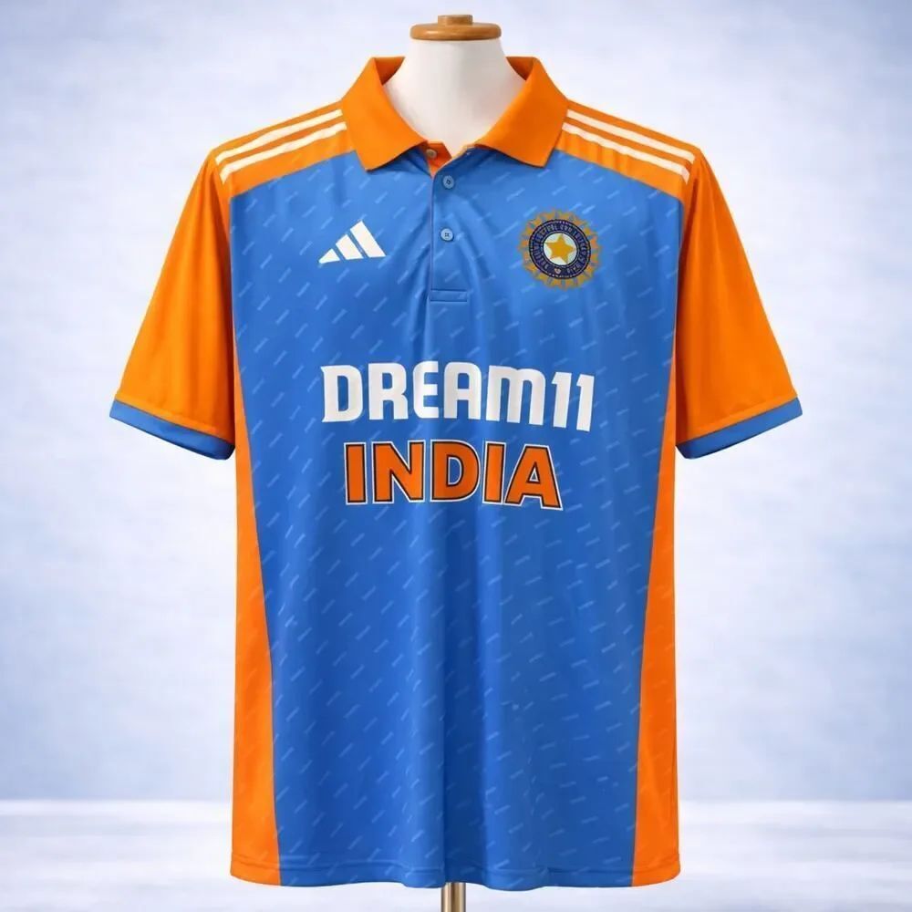 Adidas India Cricket T20I Men’s Blue Orange Jersey 42 Large Short Sleeve
